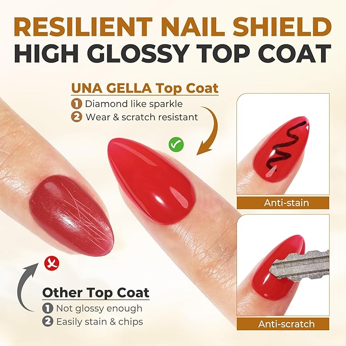 UNA GELLA No Wipe 2PCS Gel Top Coat Base Coat Set, Highly Glossy Top Coat Gel Nail Polish Strengthen and Acid-Free Clear Nail Base Soak Off, Key to Manicure for Her (U V Cure Need)