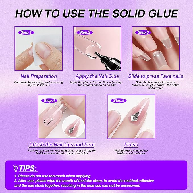 2pcs Nail Glue for Press On Nail with Cuticle Pusher Set, No UV Needed, Quick Dry Strong Semi Solid Glue for Press On, Long Lasting Adhesive for Fake Acrylic Nails