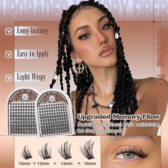 TOOCHUNAG Spiky Lash Clusters Wispy Eyelash Clusters Volume DIY Eyelash Extension C Curly Fairy Lashes Individual Soft False Eyelashes Clusters