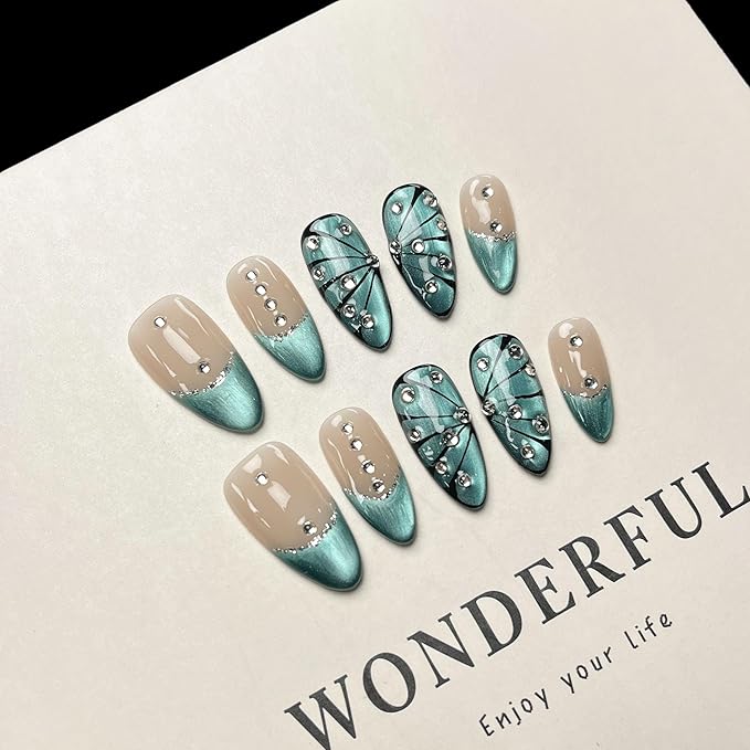 MAGLFELL Women Press On Nails - Blue Almond False Nails 10Pcs Luxury Handmade 3D Painting Art ABS Acrylic Artificial Fingernails (Size S)