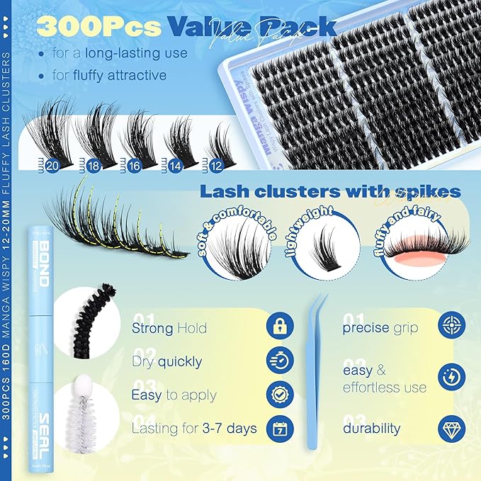 Lash Clusters Kit Manga Eyelash Clusters 300Pcs Wispy Lash Extension Kit with Bond and Seal Lash Glue 12-20MM D Curly Natural Lashes Clusters with Spikes by JIMIRE