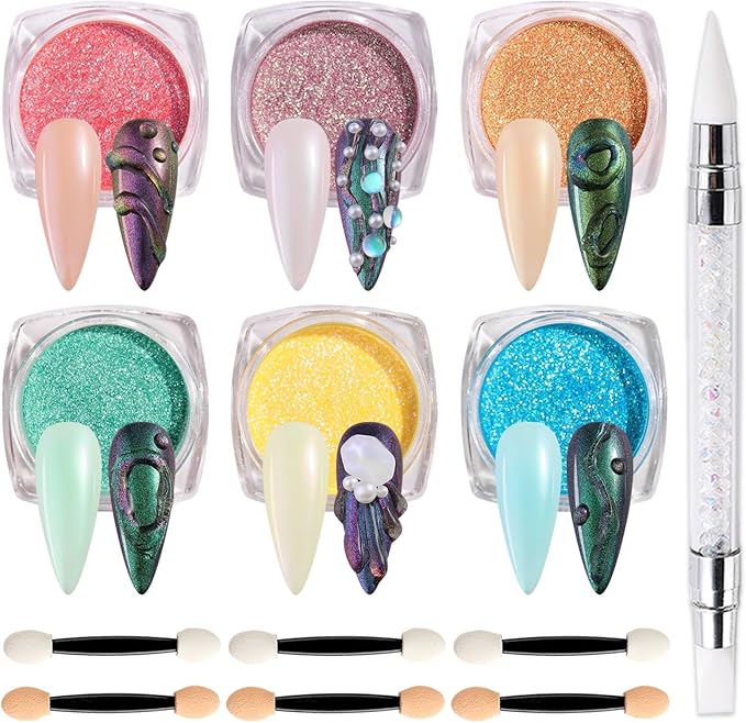 SUTOKAKA 6 Color Chrome Nail Powder Set Bright Iridescent Aurua Nail Glitter Dust Sequins Holographic Metallic Mirror Effect Pigment for Nail Gel Home Manicure Salon Use