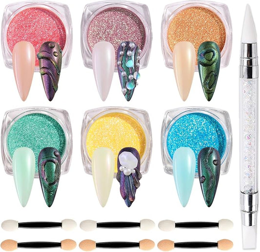 SUTOKAKA 6 Color Chrome Nail Powder Set Bright Iridescent Aurua Nail Glitter Dust Sequins Holographic Metallic Mirror Effect Pigment for Nail Gel Home Manicure Salon Use
