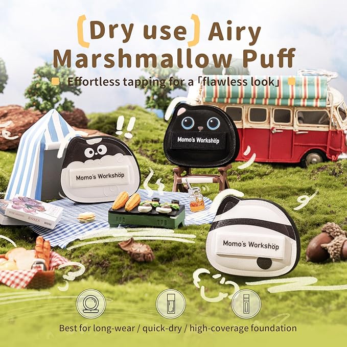 Panda Air Marshmallow Puff,Makeup Sponge,Rubycell Material,Pointed Tip for Concealer + Flat Side for Foundation, Longwear Makeup, Travel Friendly & Reusable,2pcs Puffs & Storage Case