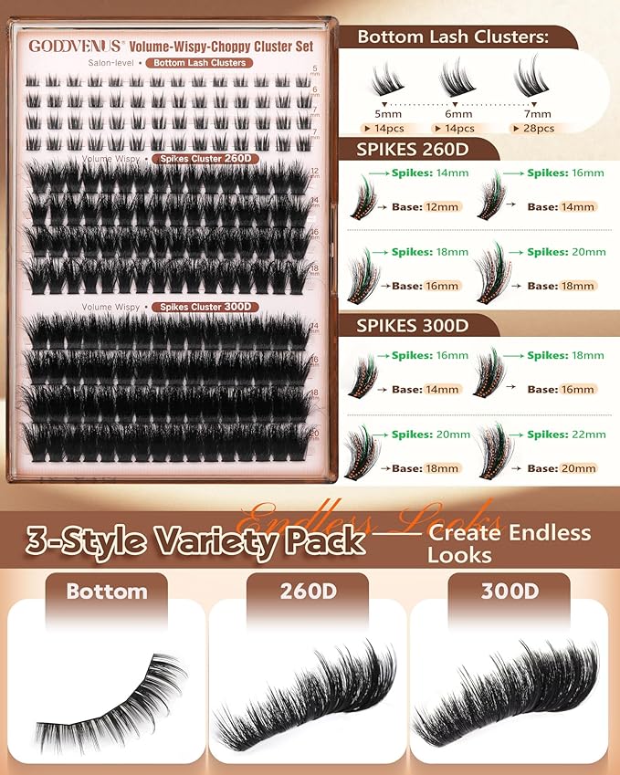 Goddvenus Lash Clusters Volume Eyelash Clusters D Curl cluster eyelash extensions Wispy Eye Lashes Clusters Russian Fluffy Eyelashes Clusters Faux Mink Eyelash Extensions with Bottom Lashes