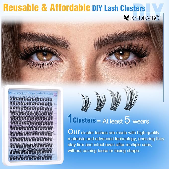 EYDEVRO Wispy Lash Clusters Natural Eyelash Clusters 10-16mm Cluster Eyelash Extensions 192 Pcs Individual Lashes CD Curvature Cluster Lashes Comfortable Soft Thin Band DIY Lash Extensions