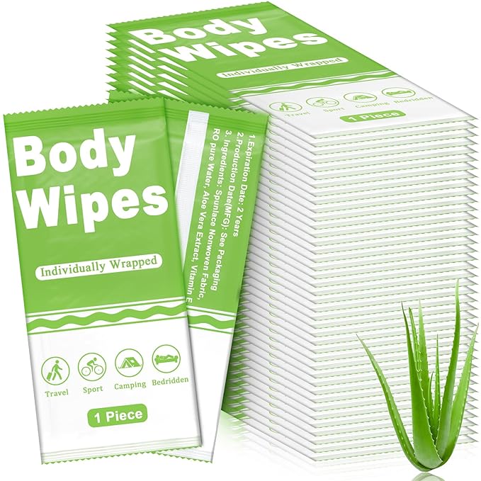 50 Pack Body Wipes Individually Wrapped, Disposable Body Shower Wipes, No Rinse Bath Wipe for Adults, Disposable Cleansing Wipe for Travel, Gym, Camping, 10.6 x 10 Inch