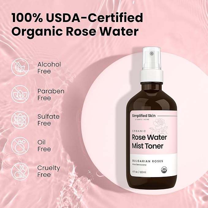 Rose Water Spray for Face & Hair – Pure USDA Organic Rosewater Toner – Refreshing Mist for Skin Care, Makeup & Locs – Natural Rose Scent, 4 Oz (2 Pack)