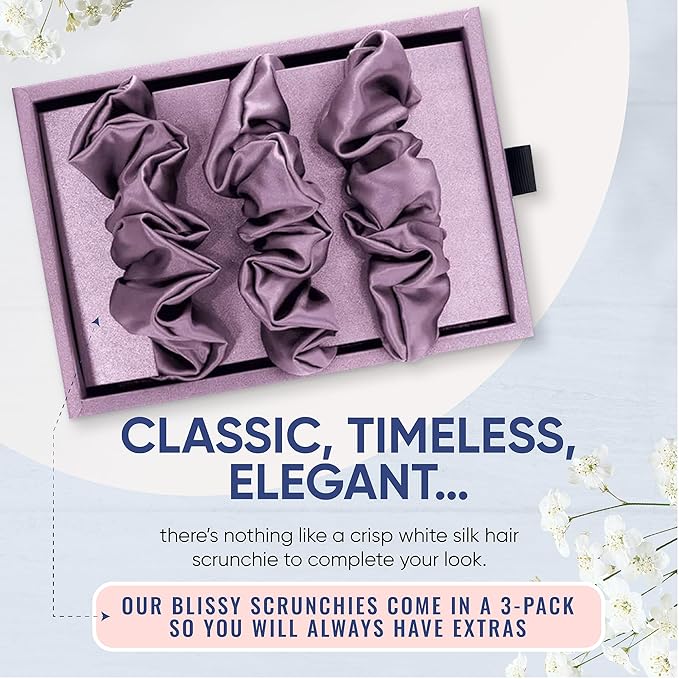 Blissy Silk Scrunchies (3 Pack) - 100% Pure Mulberry Silk - 22 Momme 6A High-Grade Fibers Scrunchie for Straight & Curly Hair - Preventing Breakage, Tangling, & Creasing (Lavender Skinny)