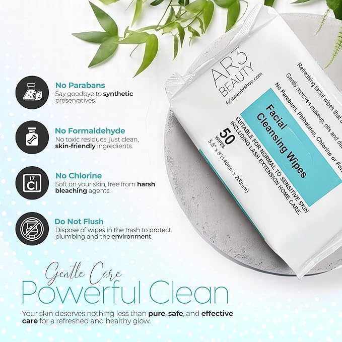 Ar3 Beauty Facial Cleansing Wipes. 2Pk. Pack of 50 each. (Facial Cleansing Wipes for Women | Gentle Makeup Remover.
