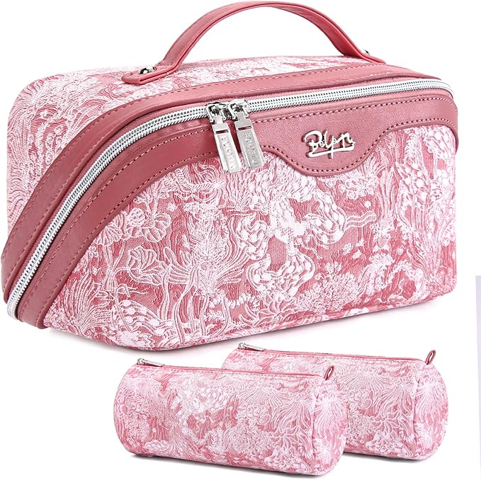 BOYATU Travel Makeup Bag for Women: Large Capacity Make up Bag with Compartments - Vegan Leather Cosmetic Bag set of 3 - Waterproof Toiletry Bag with Handle & Divider(E-4-Pink)