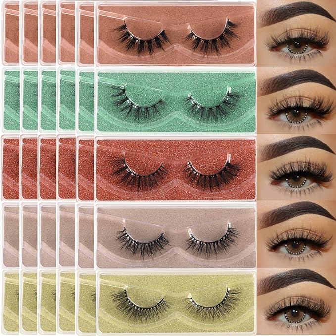 Lashes Bulk 30 Pair Wholesale Short Natural Lash Fluffy Mink Eyelashes 15mm Faux Mink False Lash 16mm Cat Eye Fake Eyelash Soft 14mm Wispy Strip Eye Lashes with Individual Portable Lash Pack