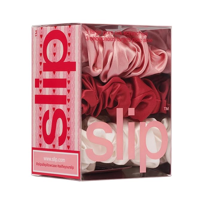 slip Large Scrunchies: Rosy | Set of 3 Pure Silk Large Scrunchies | Includes 1 Scarlet, 1 Rose, 1 White | 100% Mulberry Silk, Anti-Crease, Gentle on Hair, Reduces Breakage