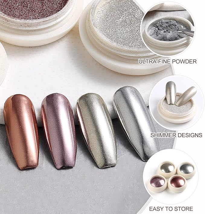 SUTOKAKA 4 Color Chrome Nail Powder Set Holographic Metallic Mirror Effect Nail Chrome Glitter Holographic Iridescent Glazed Donut Nail Dust Manicure Pigment for DIY Nail Art Design