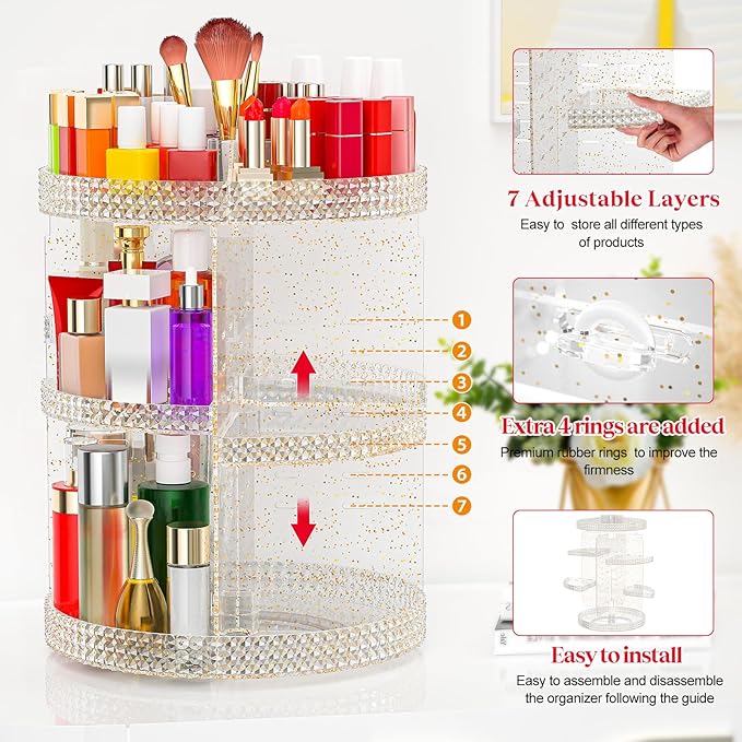 Awenia Makeup Organizer 360-Degree Rotating, Adjustable Makeup Storage, 7 Layers Large Capacity Cosmetic Storage Unit, Fits Different Types of Cosmetics and Accessories, Plus Size(Glitter)