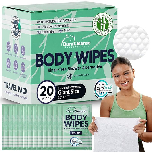 Dura Cleanse Travel Body Wipes - Sensitive Skin (Gentle Clean) - 20 Count, XL 10”x10” Individually Wrapped No-Rinse Shower Wipes for Women & Adults, Travel, Gym, Post-Workout & Elder Care