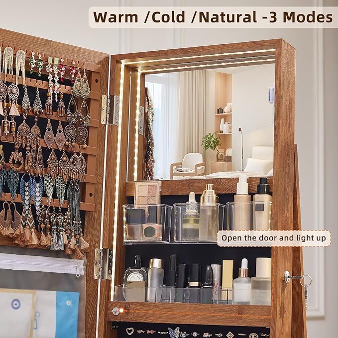Rattan 360° Swivel Jewelry Armoire Cabinet Standing with Full Length Mirror, Lockable Jewelry Organizers and Drawer Storage with 3 Color LED Lights & Interior Mirror Rear Storage Shelves