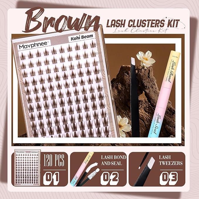 Manga Lash Clusters Kit Brown Eyelash Clusters Fairy Spiky Individual Lashes DIY Lash Extension Kit Dark Brown Lash Extension Clusters Clear Bond and Seal Waterproof and Tweezers (11-17MM, CC-Curly)