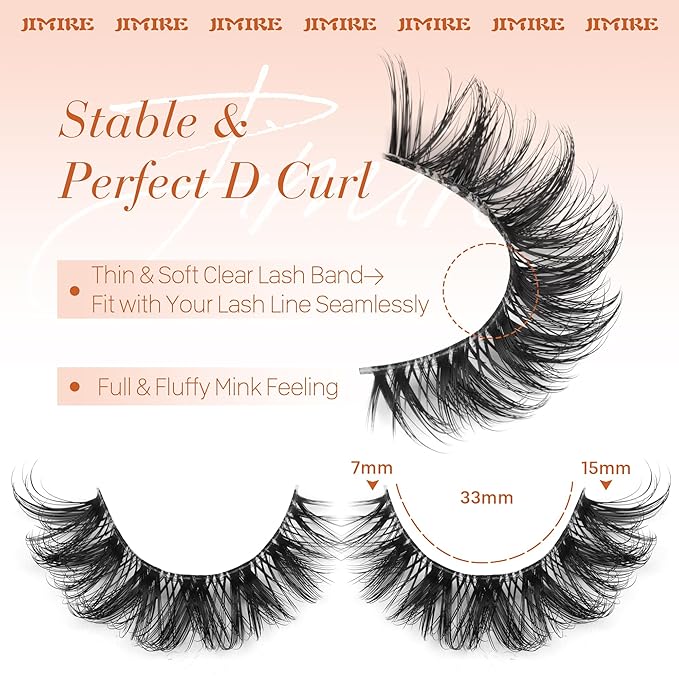 JIMIRE Cat Eye False Eyelashes Volume Mink Lashes Fluffy D Curl Russian Strip Lashes Natural Look 15MM Soft Cat Eye Fake Lashes with Clear Band Lash Extensions 7 Pairs Pack