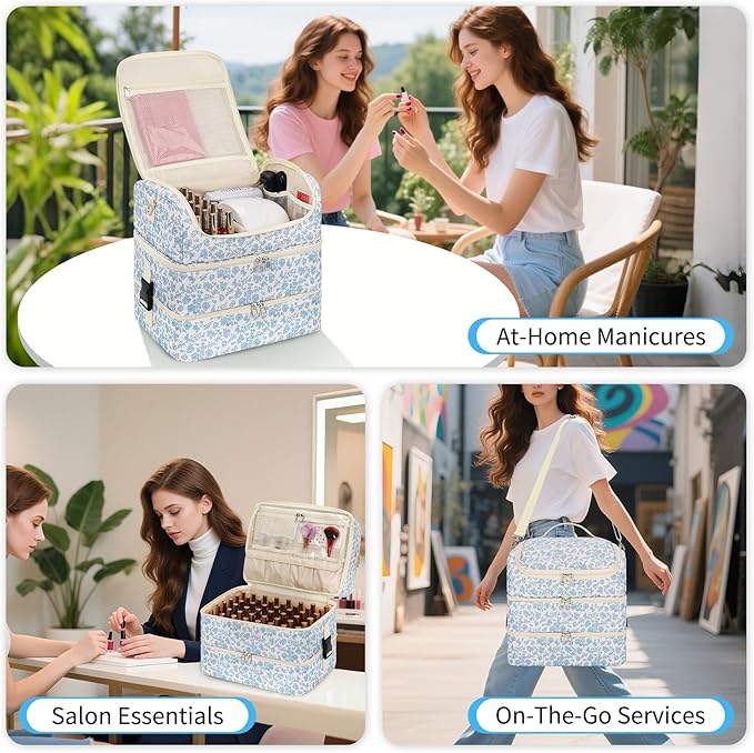 Extra Large Nail Polish Organizer - Three Layer Nail Organizers And Storage Bag, Portable Nail Supplies Organizer Case, Nail Tech Kit Travel Carrying Box with Shoulder Strap (Floral Blue, 117 Slots)