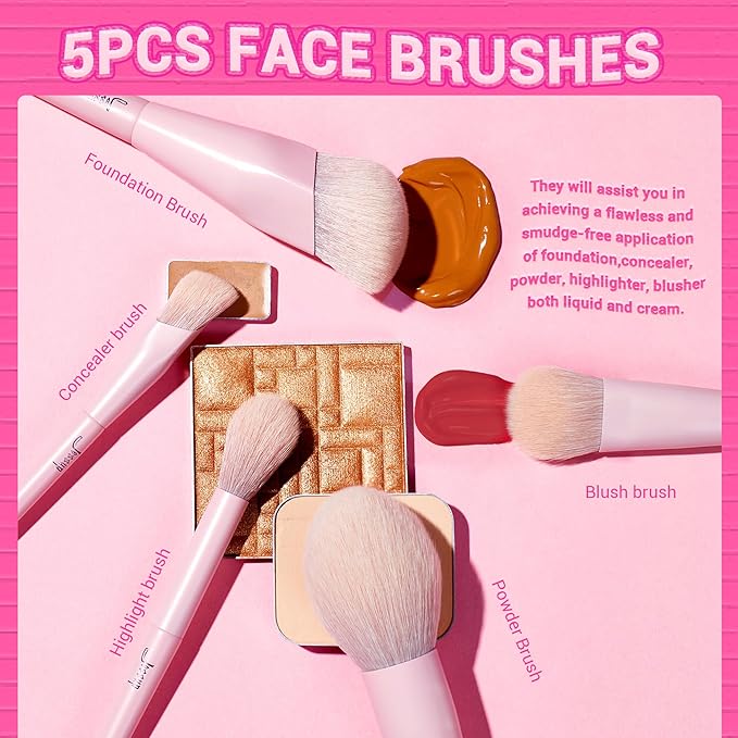 Jessup Pink Makeup Brushes Set 14Pcs Make up Brushes Premium Vegan Foundation Concealer Blush Eyeshadow Eyeliner Powder Highlighter Blending Face Brush Set, T495