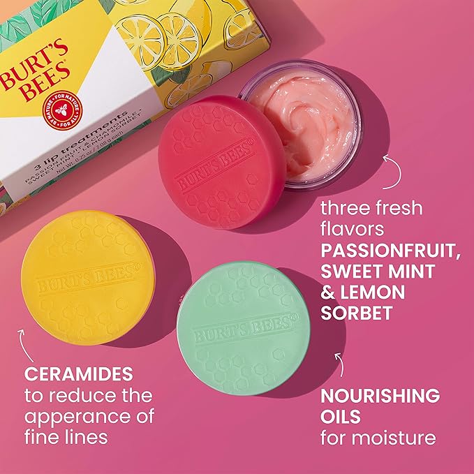 Burt's Bees Stocking Stuffers, 3 Overnight Lip Sleeping Mask Christmas Gifts Set - Exfoliating Scrub Restores, Hydrates & Smooths to Reduce Fine Lines, Passionfruit, Sweet Mint, Lemon Sorbet (3-Pack)