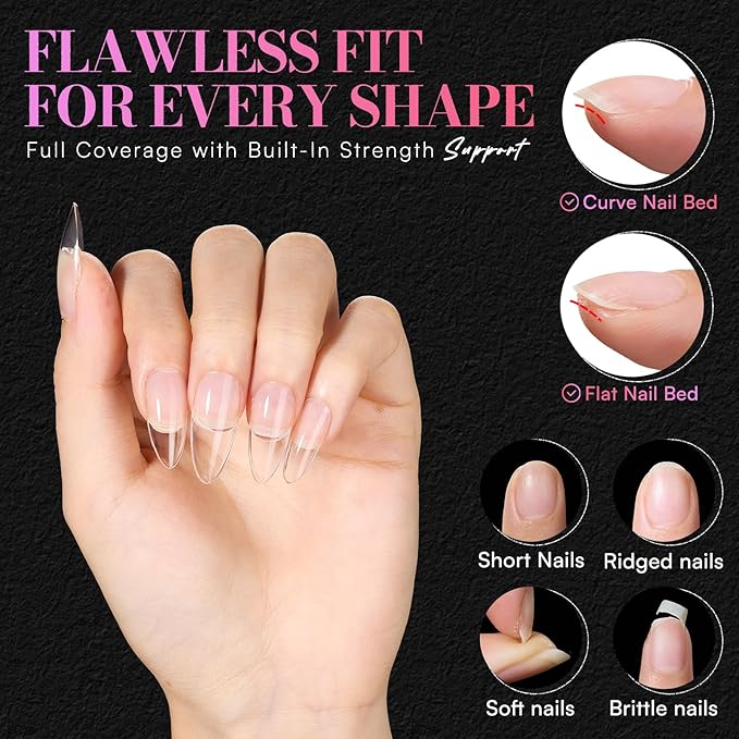 Makartt Medium Almond Nail Tips: 504 PCS, 15 Sizes, Half Matte, Clear Fake Nails Stiletto Shapes - Full Cover Soft Acrylic Press On Nail Extensions Supplies Salon and DIY at Home