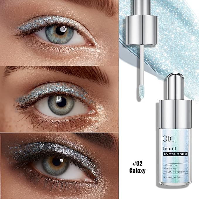 QIC Liquid Glitter Eyeshadow, Metallic & Shimmer Finish, Long Lasting, Non-Creasing, Smudge-proof, Lightweight Formula Liquid Eyeshadow for All Skin Tones, Buildable Color (02 Galaxy)