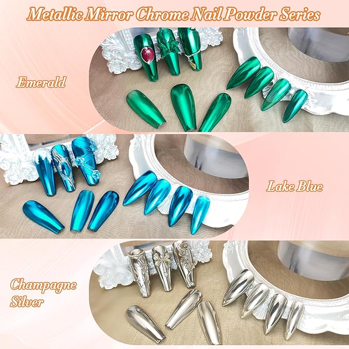 FNNZ Chrome Nail Powder, Metallic Lake Blue Nail Powder Pigment Premium Mirror Effect Salon Nail Art Glitter Dust for Gel Polish Decoration Home DIY Nail Manicure Supplies