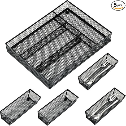 Neudeco Drawer Organizer Set 5 Pack - 4-Compartment Silverware Organizer Tray + 4 Utensil Trays, Kitchen Drawer Organizer for Flatware, Cutlery, Office Supplies, Black Mesh, Non-Slip.
