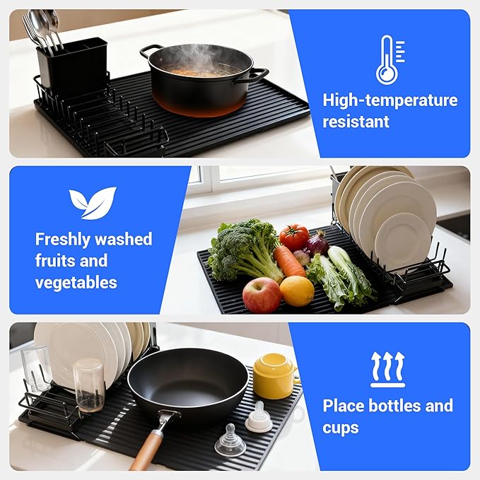 Dish Drying Rack, Stainless Steel Expandable Over/in Sink & Countertop, Space Saving Collapsible Rust-Proof Rack with Silicone Mat Cutlery Holder for Kitchen/RV/Commercial Use (14.56-18.5" L)