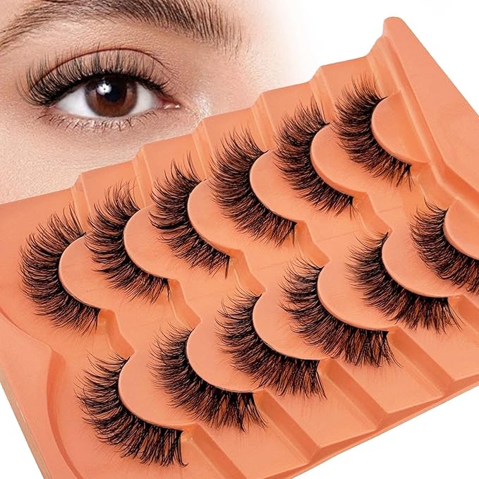 False Eyelashes Natural Look Wispy Fake Lashes Yasnai 8-14mm Short Cat Eye Lashes Volume Lashes Strips Lashes Natural Eyelashes Clear Band 6 Pairs Pack