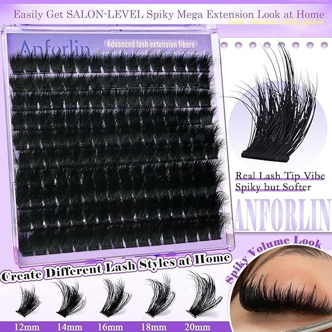 Lash Clusters with Spikes 200D Volume Lash Extensions 12-20mm Spiky Manga Eyelash Clusters 160pcs Thick D Curly Cluster Eyelash Extensions by ANFORLIN
