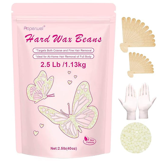 Auperwel Wax Beads 2.5lb,Hard Wax Beads Suitable for Brazilian Bikini & Coarse Hair, Sensitive Skin Hard Wax for Hair Removal (Face/Body/Armpit), Refill Wax Bags for At-Home Waxing