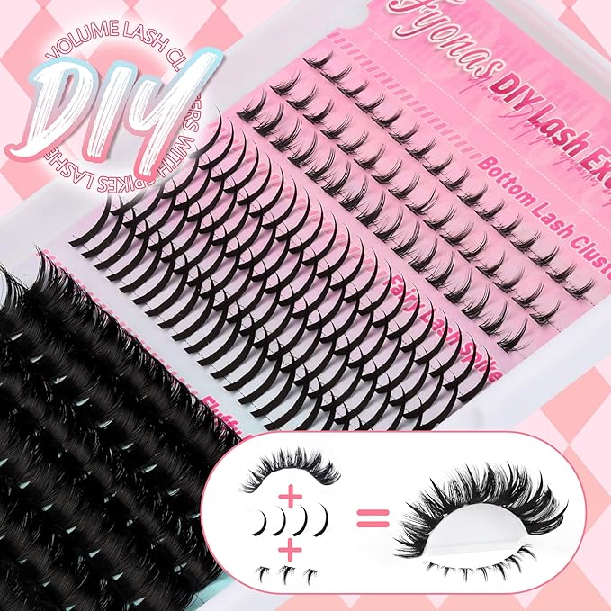 Fyonas Lash Clusters Volume Cluster Eyelashes Fluffy Thick Individual Lashes 12-18mm with Spikes 13-19mm DIY Eyelash Extensions with Natural Bottom Lashes 198Pcs (Mix02)