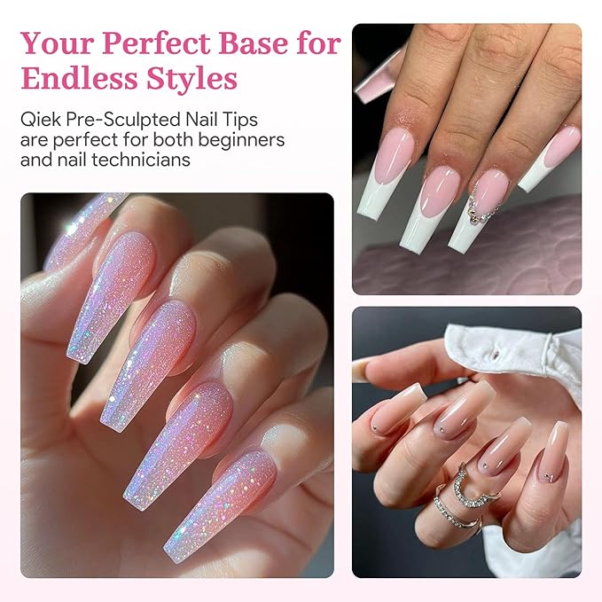Qiek Long Coffin Pre-Building Nail Tips, 15 Sizes 240 PCS Pre-shaped Apex Clear Soft Press On Fake Nail Half Matte Gel Nail Extensions Strong Thick Acrylic Tip for DIY Beginners & Salon Manicure