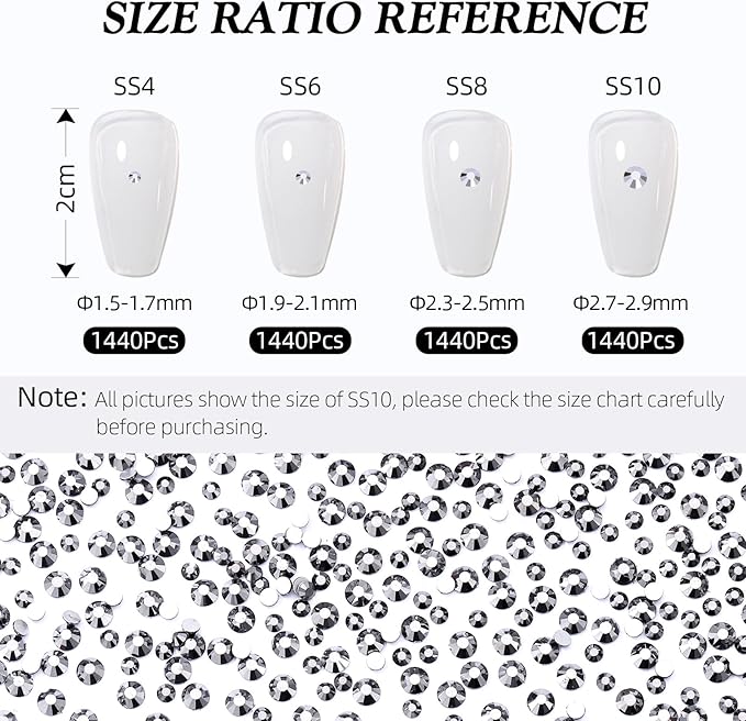 Meibite Black Hematite Flatback Rhinestones, Glass Rhinestones for Nail Art and Craft, Glue Fix, Loose Crystal Gemstones(Black Hematite, SS8, 1440pcs, 2.3-2.5mm)