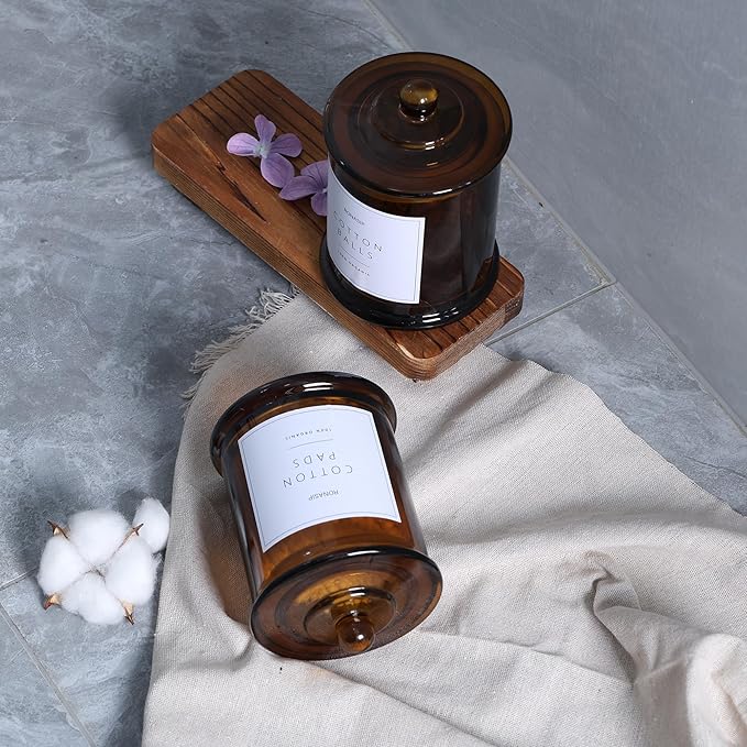 Ronasip Qtip Holder & Cotton Pad Dispenser, Bathroom Organizer and Storage Canisters, 16oz Glass Apothecary Jars for Kitchen, Restroom - Home Decor Accessories, Room Decor Aesthetic (2 Pack, Amber)
