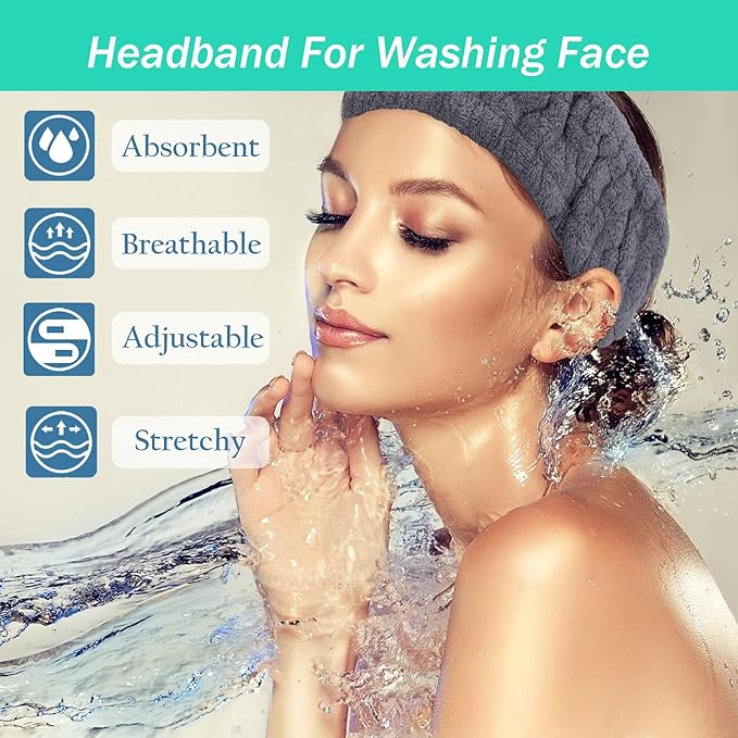 Pejnl Microfiber Spa Headband 3-Pack, Soft Terry Cloth Headband for Washing Face, Facial Mask, Makeup, Shower, Yoga, Gift for Women and Teens (Gray+Milk White+Pink)