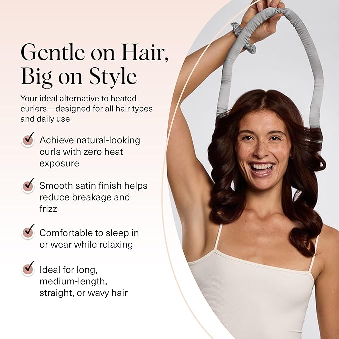 Kitsch Satin Heatless Curling Set – Heatless Curls Overnight with 34" Hair Curler & 2 Satin Scrunchies – Comfortable Hair Curlers to Sleep In for Frizz-Free, No Heat Damage Styling - Silver