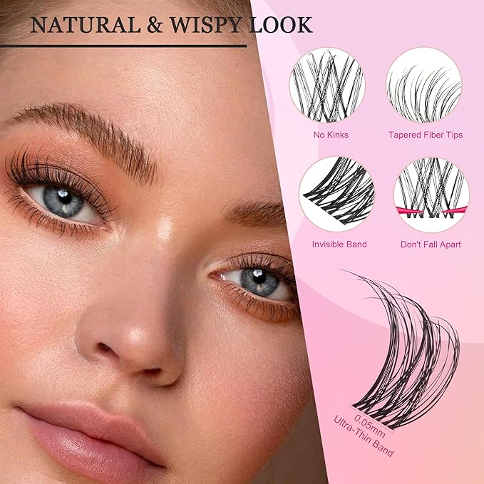 Nova Lash Clusters Kit 360 PCS Lash Clusters Natural Look Invisible Band Lashes Eyelash Clusters with Bond and Seal D Curl WideSpan Cluster Eyelash Extension Kit 8-16mm DIY at Home