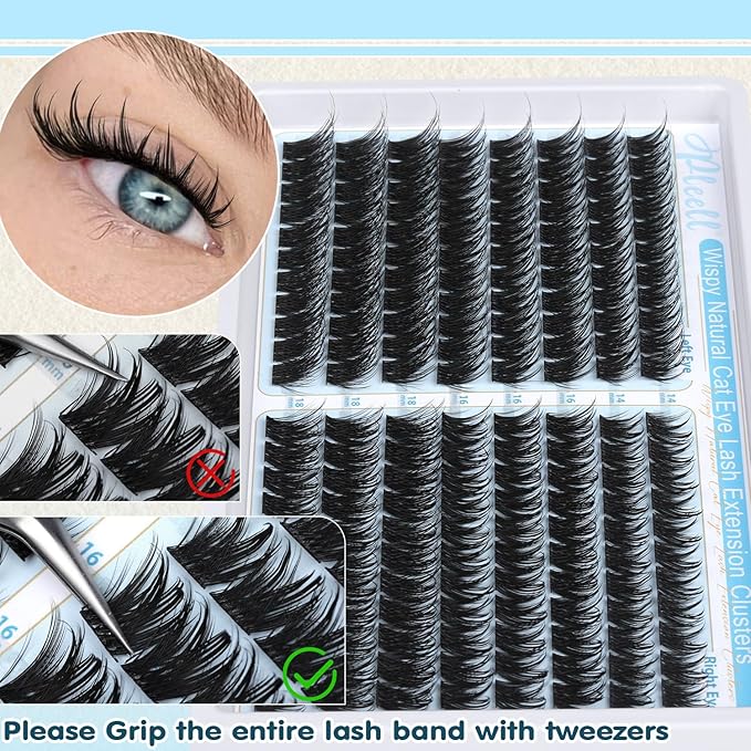 Manga Lash Clusters With Spikes Cat Eye Cluster Lashes 14/16/18MM Cluster Eyelash Extensions Left&Right Individual Lashes Volume Lash Extensions by Pleell (176PCS, D Curve)
