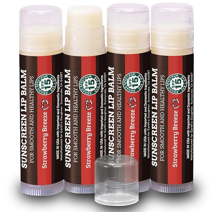 Earth's Daughter SPF Lip Balm 4-Pack Strawberry Flavor - Lip Sunscreen, SPF 15, Organic Ingredients, Beeswax, Coconut Oil, Vitamin E - Hypoallergenic, Paraben Free, Gluten Free