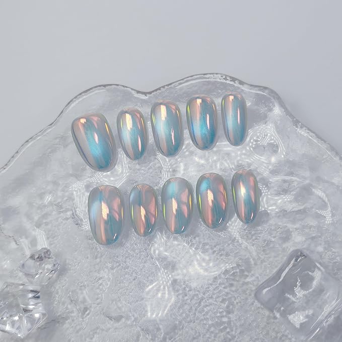 Cat Eye Press on Nails Handmade Short Oval/Square/Round False Nails with French Tip/Aurora/Magnetic Shimmer Designs (Aurora#Bubbles S)