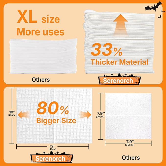 Serenorch Disposable Face Towels for Halloween, 10" x 12" Halloween Gifts for Sensitive Skin, Extra Soft Makeup Remover Dry Wipes, 50 Count