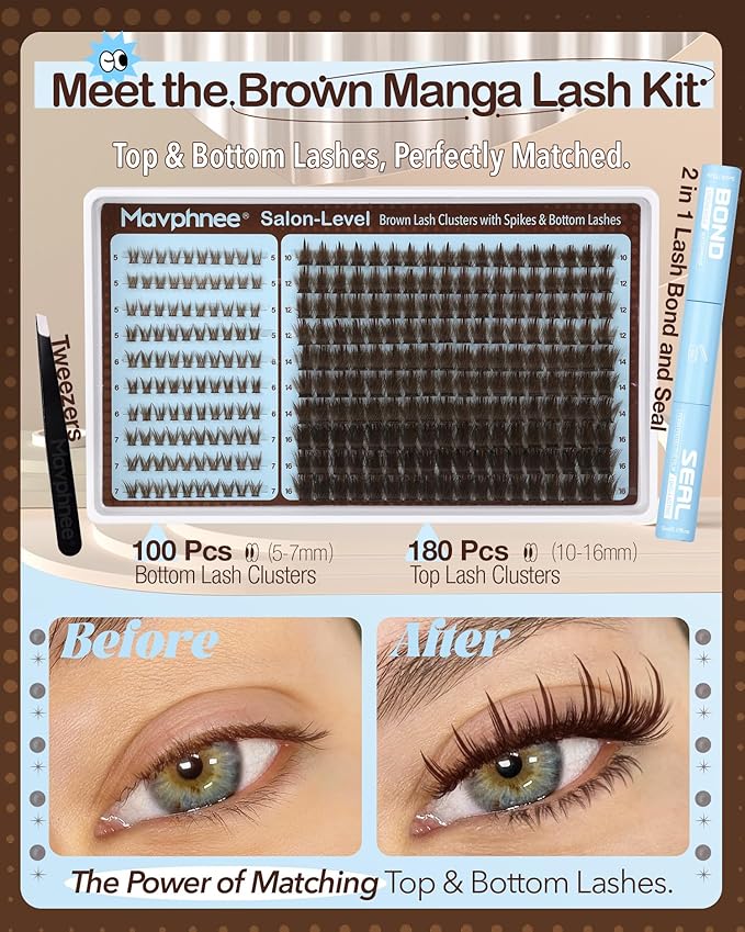Brown Lash Cluster with Bottom Lashes Kit Spiky Individual Lashes Fairy Natural Eyelash Clusters Dark Brown Wispy Cluster Eyelash Extensions Kit with Lash Bond and Seal Clear (280Pcs, 5-16MM, D Curve)