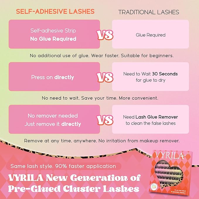 VYRILA Self Adhesive Lash Clusters Kit, D Curl Wispy Pre Glued Lash Extensions with Tweezers, Reusable 0.1mm Ultra Thin Band Natural Eyelashes, Easy Apply Eyelash Clusters for Beginners(PG-ZE02)