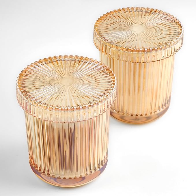 MKOSAB Bathroom Organizers and Storage,2 Pack Glass Qtip Holder Dispenser,Bathroom Essentials Accessories Decor,Vanity Makeup Storage Organizer for Cotton Swabs,Cotton Balls,Pads,Floss Picks (Amber)