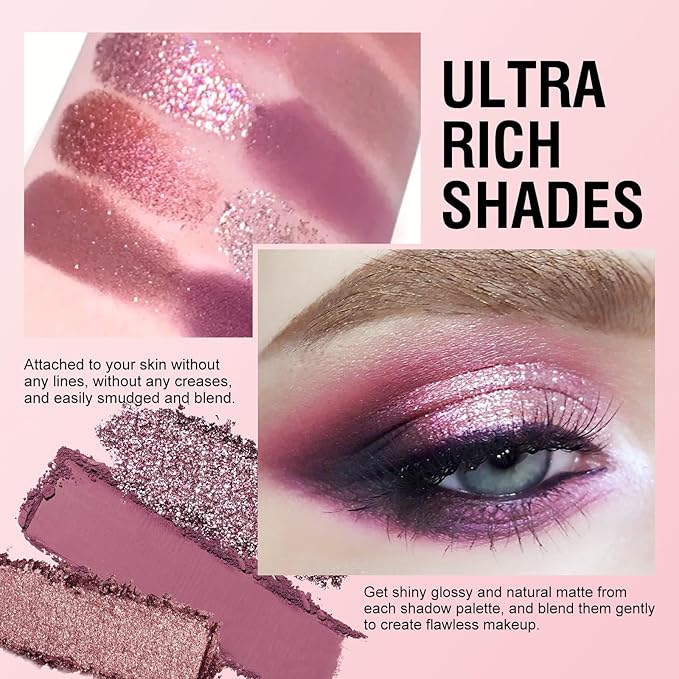 KYDA 12 Colors Dusty Rose Eyeshadow Palette, Sparkling Champagne Rose Gold Eyeshadow, Matte Pastel Violet Soft Pink Eye Shadow, Ultra-fine Smooth Blendable Powder, Pink Purple Eyes Glow Makeup