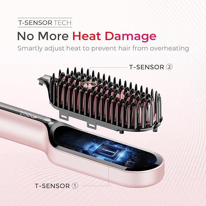 TYMO Hair Straightener Brush, Upgraded Ionic Compact Straightening Brush for Women with Wave-Design Bristles, Fast, Smooth Styling, Lightweight Hot Comb & Travel Flat Iron, 1 Billion Ions, Pink